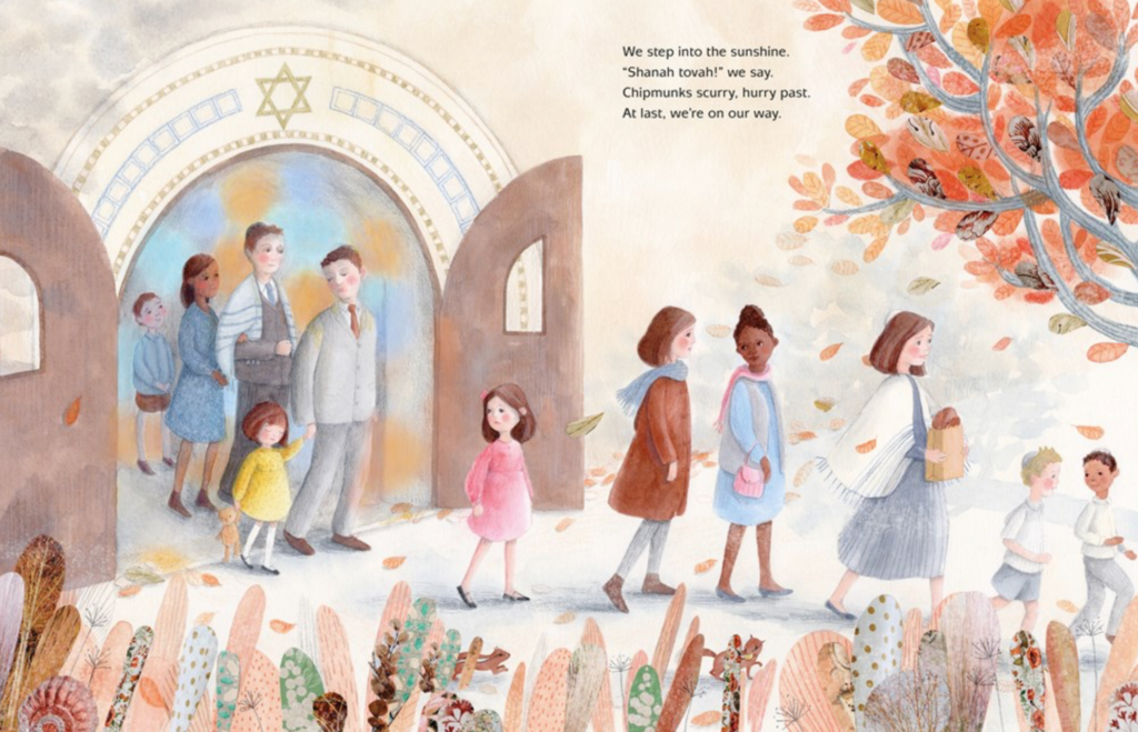 congregants leave the temple and a pair of chipmunks can be seen scurrying through the foliage.