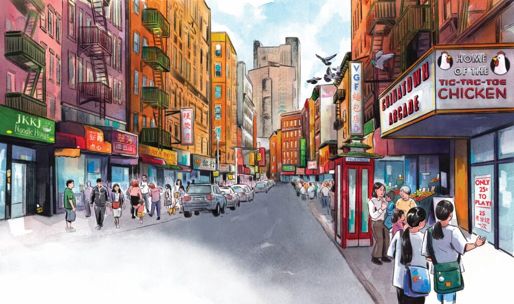 Illustration of busy street in Chinatown. The marquee at the arcade advertises it as the home of the Tic-Tac-Toe Chicken.