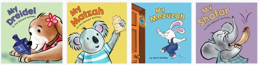 This interview with Ann Koffsky includes discussion of the My Jewish Objects board book series that is pictured.