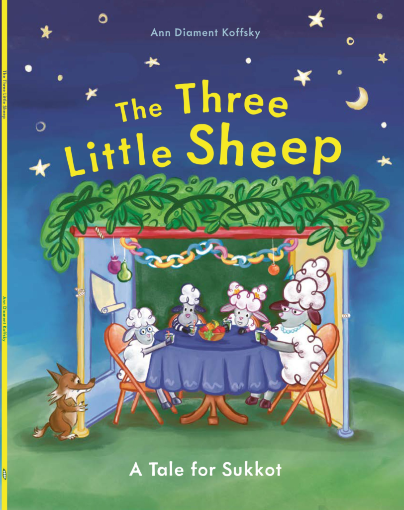 The three Little Sheep book cover pictures four sheep sitting in a sukkah with a wolf sitting just outside and looking in.