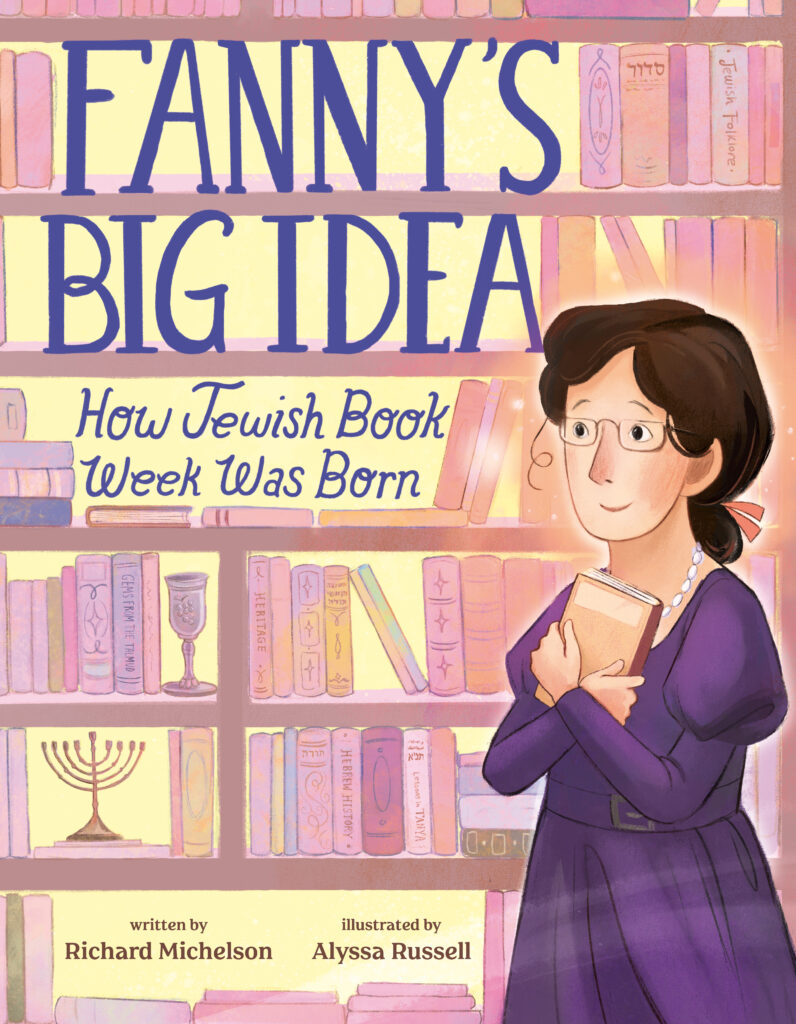 cover image of Fanny's Big Idea shows an illustration of a young woman in frot of a bookcase which is done in pastel pinks and purples.