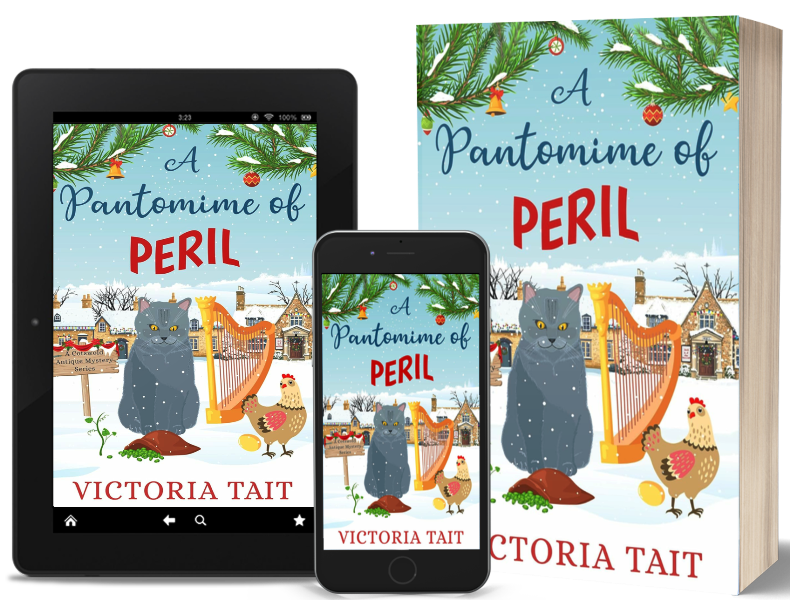 The picture shows the book A Pantomime in Peril on a tablet, phone and a paperback.