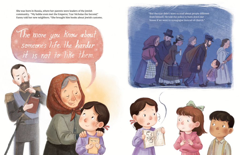 illustration that shows young Fanny's grandmother saying "“The more you know about someone’s life, the harder it is not to like them.”