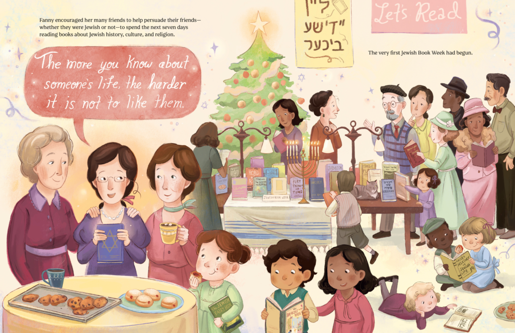 An illustration of Fannie Goldstein at the first Jewish Book Week repeating her grandmother's words: “The more you know about someone’s life, the harder it is not to like them.”