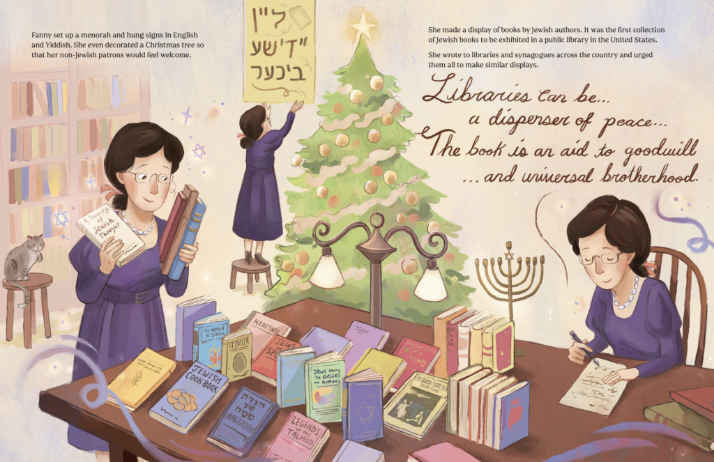 Fannie Goldstein during Jewish Book Week and at her desk writing about the importance of the library.