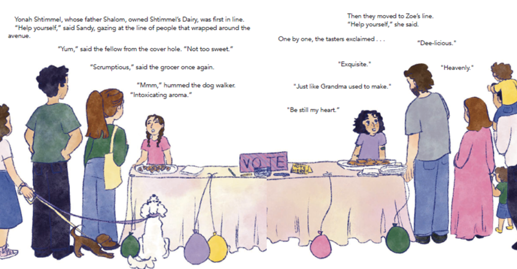 illustration from Hamantaschen or Latkes showing a table with both foods and ballots to vote.