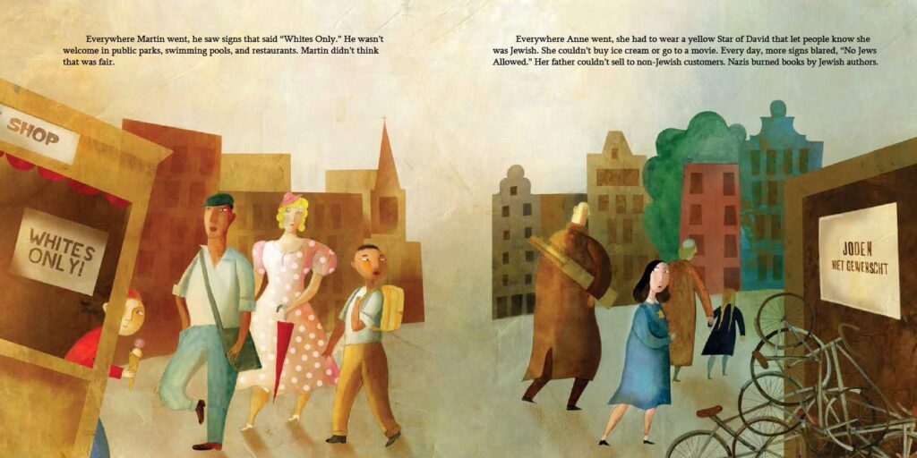 illustration spread from Martin and Anne showing both Martin Luther King and Anne reacting to segregation signs.
