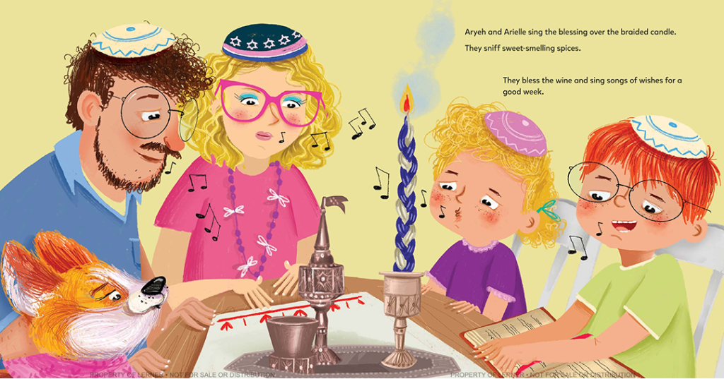 Havdalah with the family singing. 
Illustration by Alexandra Colombo from Shira the Singing Puppy by Ilana R. Wieder.
