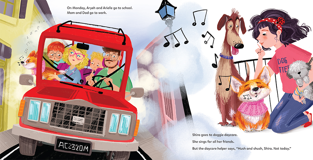 Illustration by Alexandra Colombo of Shira at doggie Daycare, from Shira the Singing Puppy by Ilana R. Wieder.