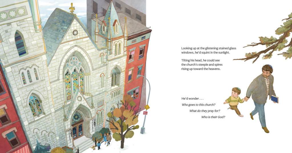 a Place to Pray- illustration of a young Jewish boy and his father walking pas the church.