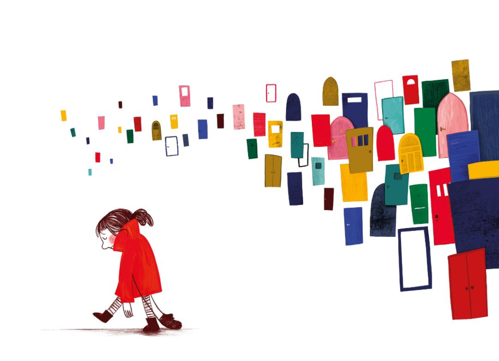 the illustration shows Emily walking away from numerous doors.