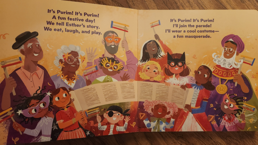 The Purim celebration illustration and poem begins the Purim Possibilities board book.