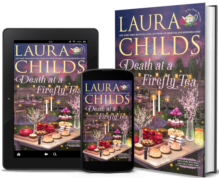 Tea Shop Mystery print copy and ebook on both a tablet and a phone.