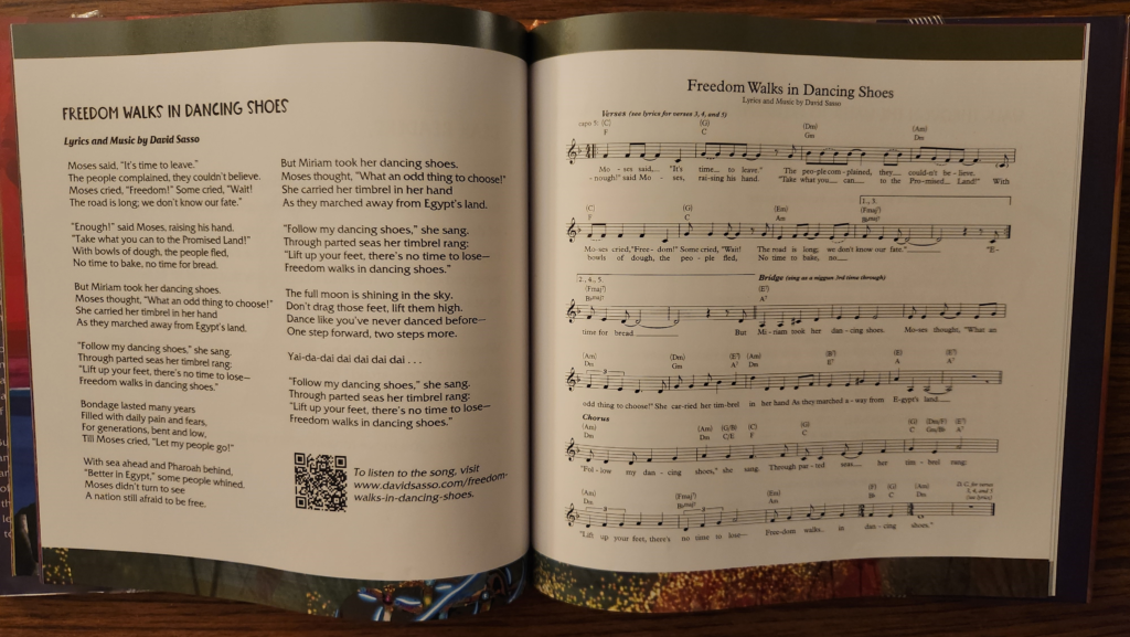 lyrics and sheet music for "Freedom Walks in Dancing Shoes by David Sasso appears in the afterward of Miriam and her Dancing Shoes.