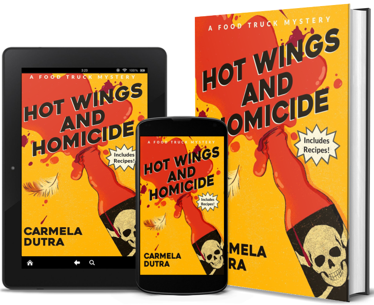 Hot Wings and Homicide book shown on a tablet ebook, phone adiobook and a print copy