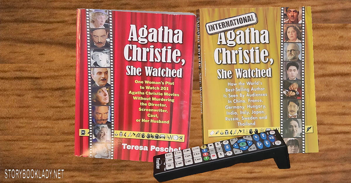 Agatha christie She Watched and International Agatha christie she Watched on a table top with a tv remote.