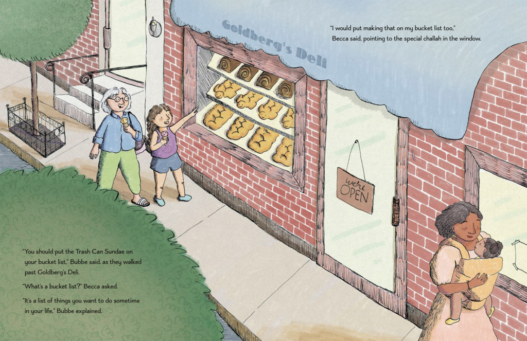 Becca and Bubbe are discussing bucket lists as they walk down the street with their ice cream cones.
