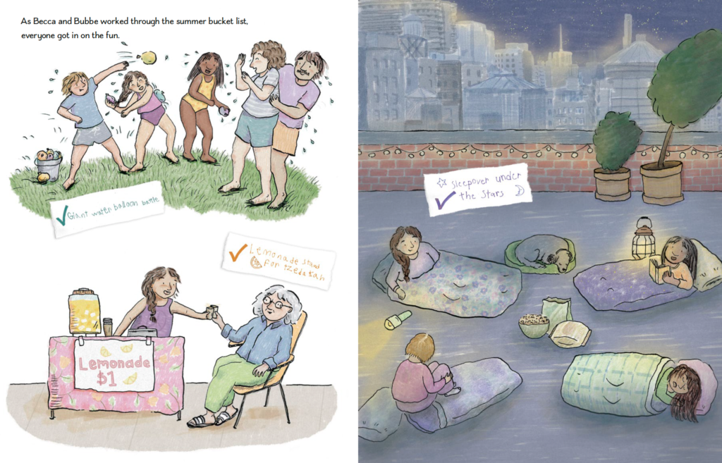The illustrations show three scenes of bucket list activities.: a water ballon fight with family and friends, a charity lemonade stand with Bubbe, and a rooftop sleepover with friends.
