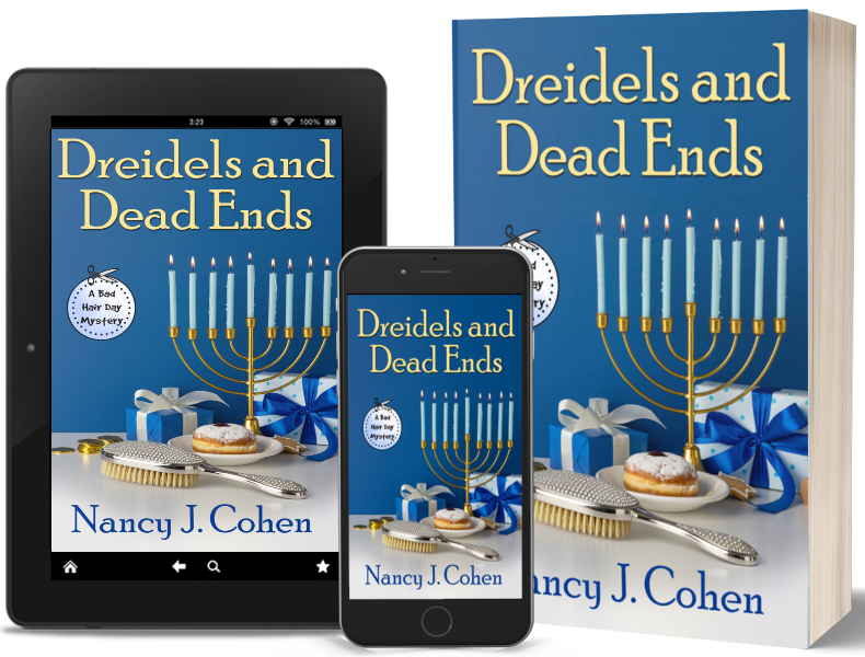 This picture shows the book "Dreidels and Dead Ends" on a tablet, phone, and a paperback edition.