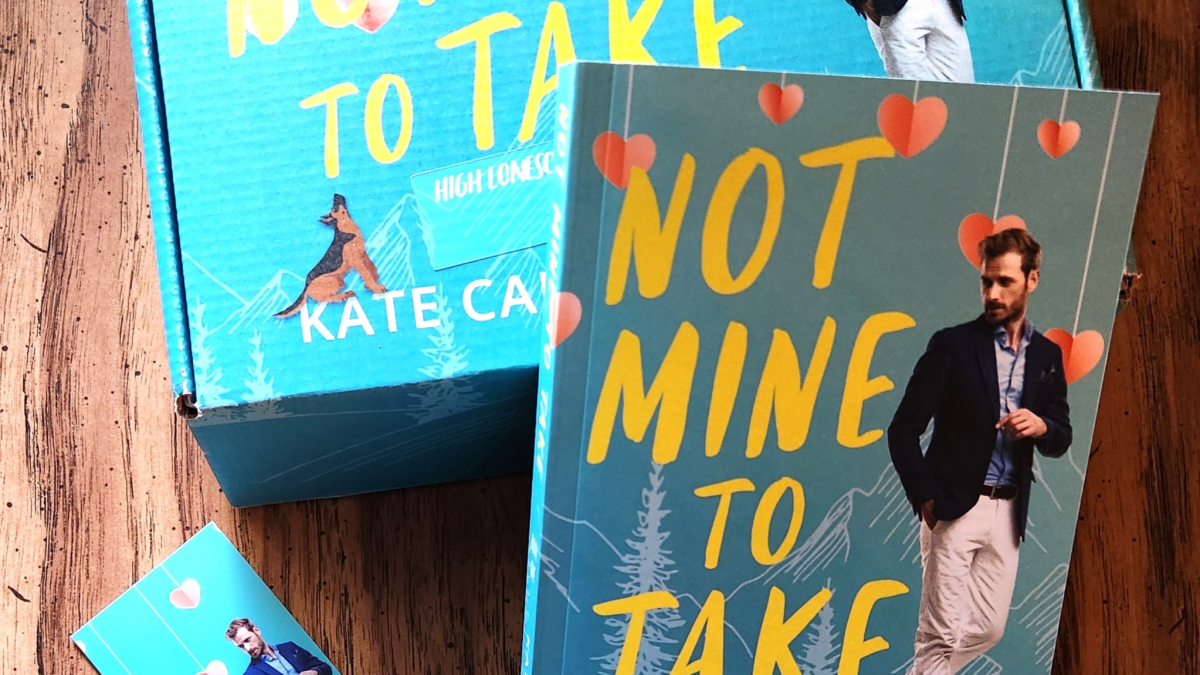 Not Mine to Take paperback book, and bookmark in matching mailing box with book cover image.