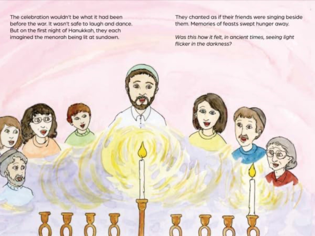 Illustration by  
Marissa Moss from The Miracle Menorah of Mariupol. 
The community spread across the world could feel unity knowing that their menorah was being lit for Hanukkah.