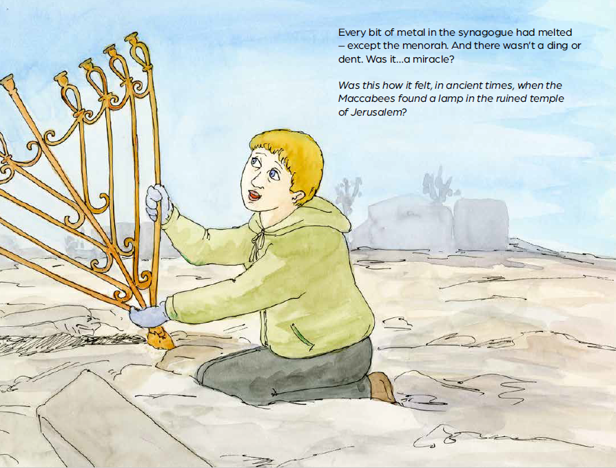 Page from Miracle Menorah of Mariupol illustration shows the caretaker discovering the intact menorah in the rubble of the destroyed temple.