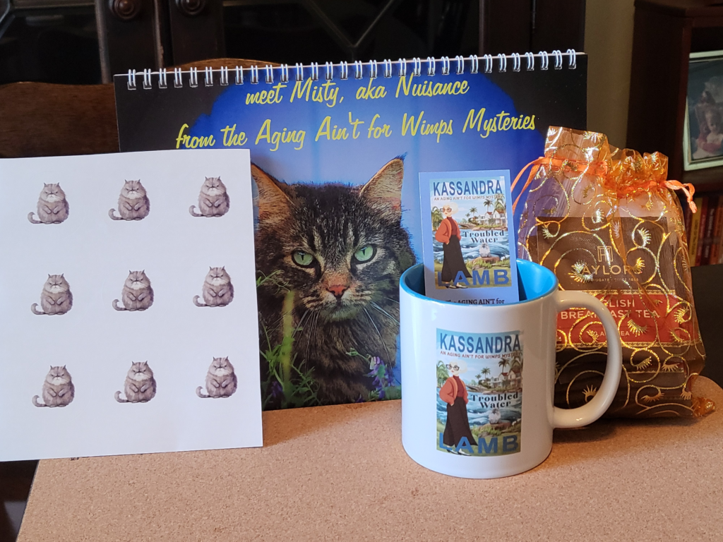 Troubled Water: An Aging Ain't for Wimps Mystery 7 The Troubled Water prize package includes Giveaway Prize is a signed paperback of the book, Troubled Water, a Grumpy Cat 2027 wall calendar, Grumpy Cat stickers, a Troubled Water tea (or coffee) mug, and Taylor's of London teabags.