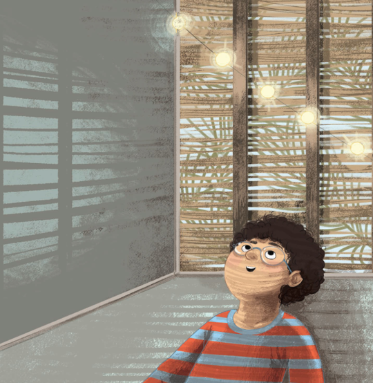 A House with No Door: A Sukkot Story Author Interview with Amy Fellner Dominy 3 A House with No Door llustration -shows a child looking up toward the roof.