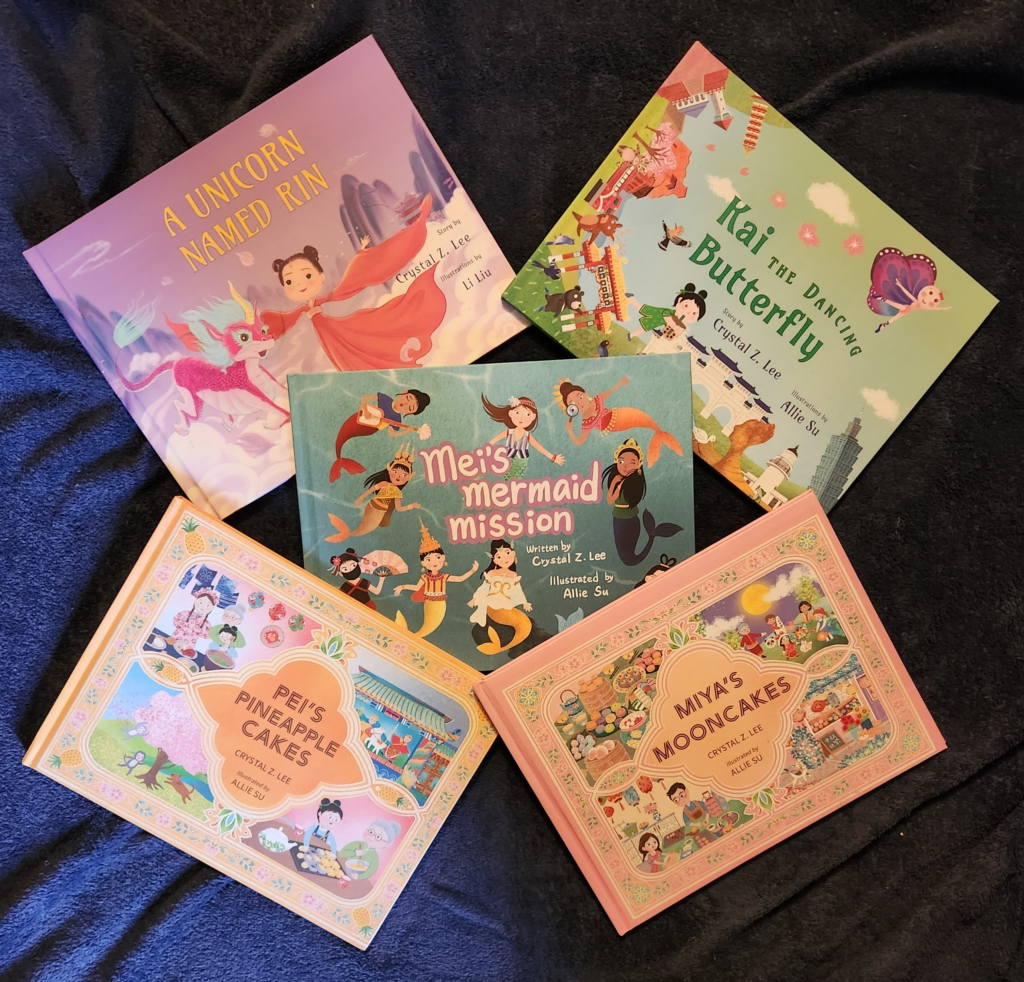 Miya's Mooncakes Author Interview with Crystal Z. Lee 4 five picture books by Crystal Z. Lee: A Unicorn Named Rin, Kai the dancing Butterfly, Mei's Mermaid Mission, Pei's Pineapple Ckes and Miya's Mooncakes