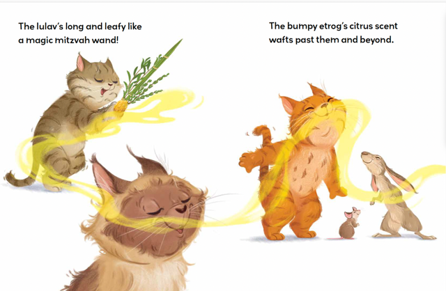 Jenna Waldman Discusses Purr-fect Sukkot 2 Purr-fect Sukkah Illustration of kitties dancing with the lulav and erog