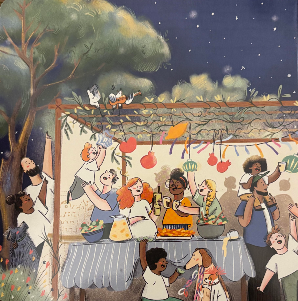 Author Barbara Lerman-Golomb Talks About The Sukkah Hop 7 Sukkah Hop illustration everyone in the sukkah