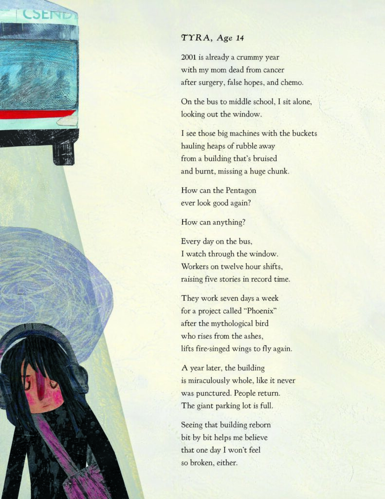 Smoke at the Pentagon page with the Poem Tyroa and an illustration of a girl and a bus